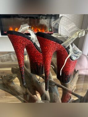 Red Glitter Platform High Heels with Clear Straps